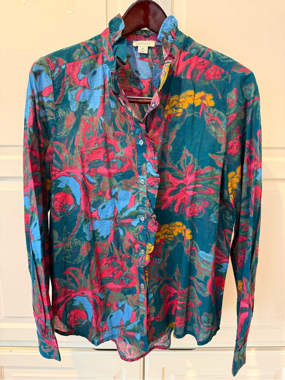Sundance Floral Ruffle Blouse Blue Cotton Button Up Long Sleeve Womens Small